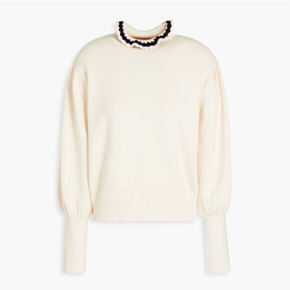 SANDRO Women's Ridane Puff Sleeve Ruffle Mock Neck Ecru/Marine Sweater‎ Size 2 - Picture 1 of 10